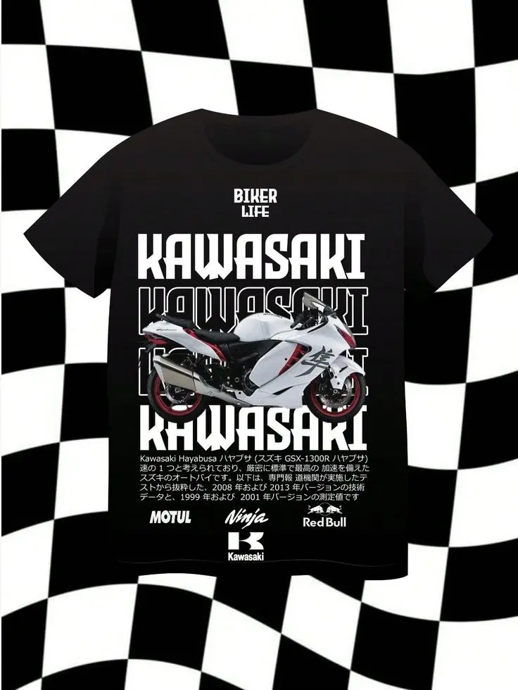 Kawasaki Hayabusa Biker Life T-Shirt – Black Motorcycle Graphic Tee with Sportbike Print and Sponsor Logos, Unisex Racing Streetwear for Men and Women