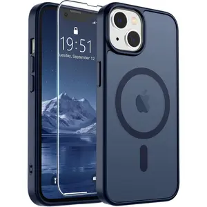 for iPhone 14 Case & iPhone 13 Case with Screen Protector (Compatible with MagSafe)(Military Grade Drop Protection) Translucent Matte Shockproof Phone Cover,Dark Blue