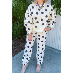 Beige Polka Dot Print Drop Shoulder Pullover Drawstring Jogger Pant Set