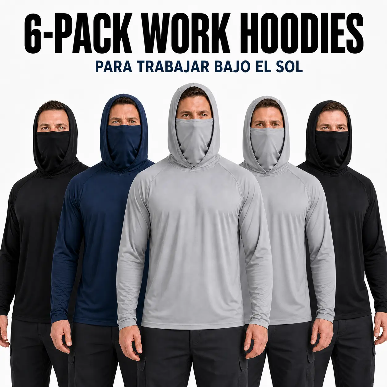 Men's 6-Pack Hooded Work Shirts - Built-In Face Cover, UPF 50+ Sun Protection, Long Sleeve, Quick-Dry for Construction, Landscaping
