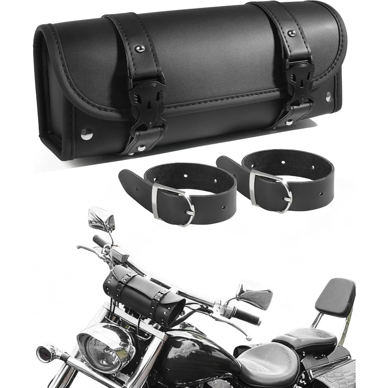 Motorcycle Handlebar Bag,Car Accessories PU Leather Motorcycle Tool Bag,Autobikes Side Bags with Straps,Powersports Saddle Bags Sissy Bar Storage Tool Saddlebags,Suitable for Most Autobikes
