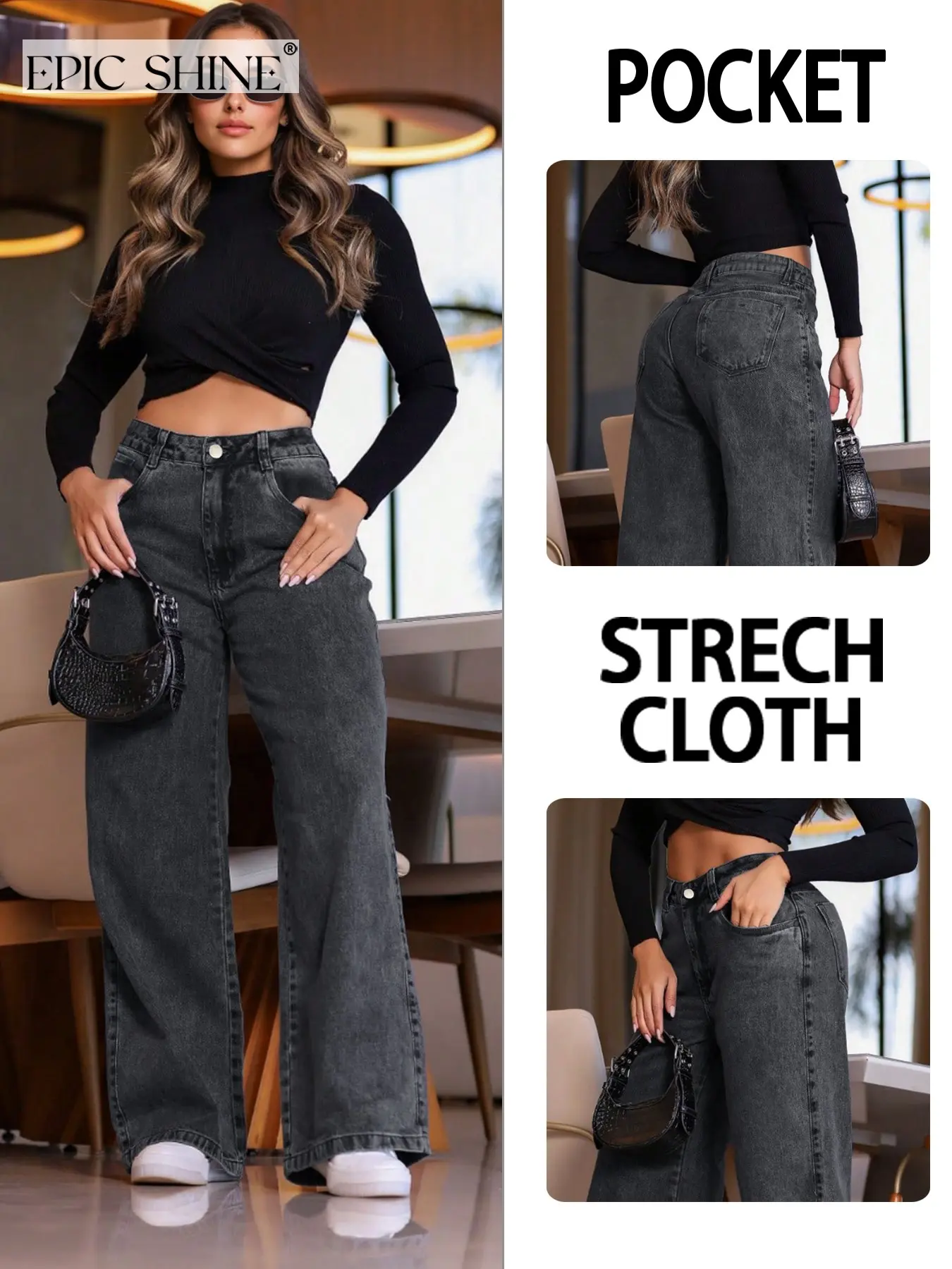 Women's High-Waisted Wide-Leg Denim Jeans, Comfortable Casual Fit, Perfect for Daily Wear, Fashionable Trendy Streetwear Women's Clothing