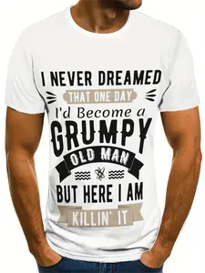 Men's 3D Digital Printed Graphic T-Shirt - "Grumpy Old for Man" Humorous Quote & Geometric Pattern, Breathable Cotton, Slight Stretch, Regular Fit Crew Neck Short Sleeve Tee for All-Season Casual Wear