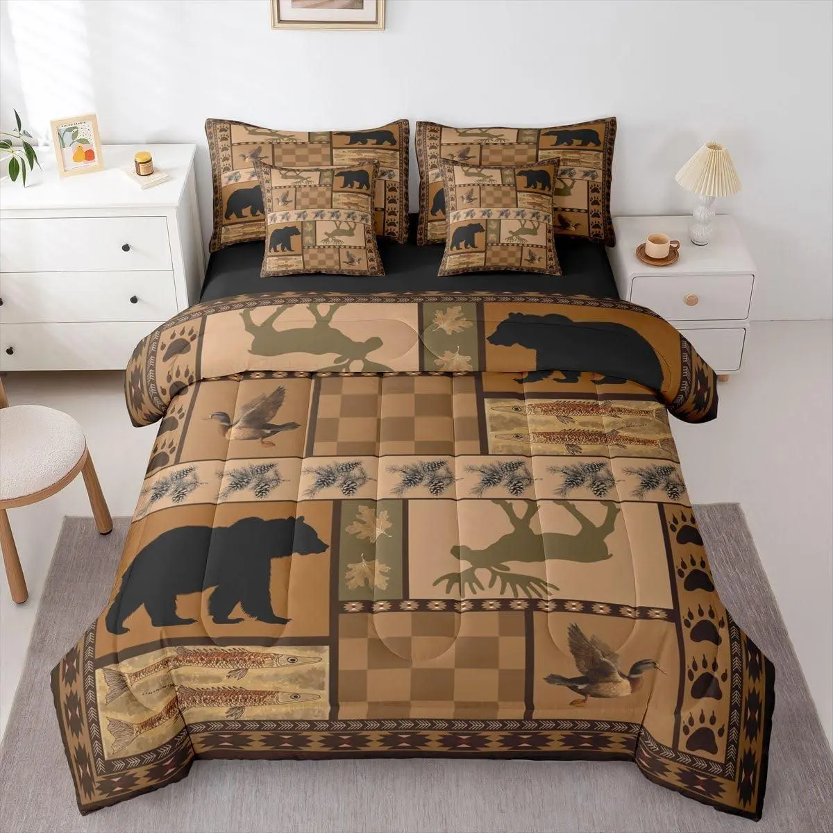 Feelyou 7-Piece Vintage Rustic Printed Bedding Set - Bear Deer Mallard Fish Bohemian Geometric Design, Soft Lightweight Drape, Quilt, Duvet, Sheets Included, for Kids, Bedding Sets Collections