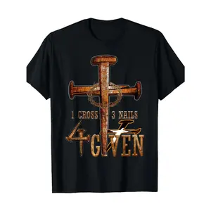 Men's Christian Religious T-Shirt - Heavyweight 180gsm Cotton Tee with 1 Cross 3 Nails 4 Giving Gospel Design - Black & Golden Christian Cross Print - Plus Size Available - Church Events, Everyday Faith Apparel - Machine Washable - Ideal Easter, Christmas