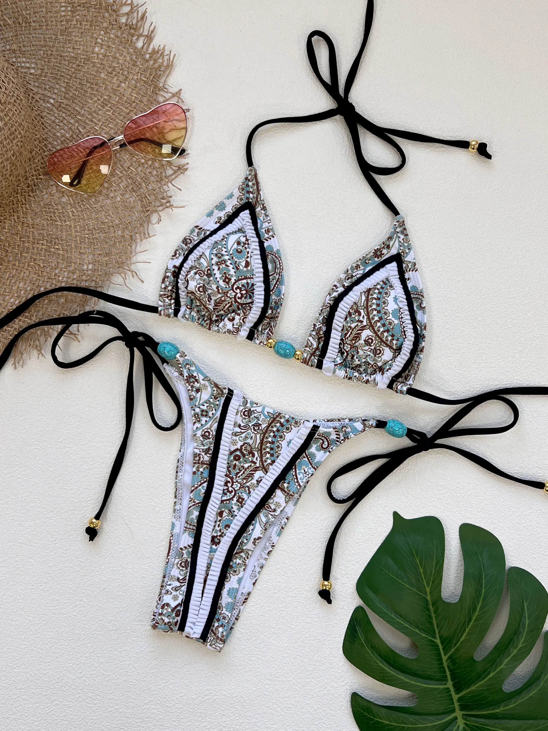 2026 classic low-rise tie mini bikini two-piece set—fashionable, sexy, bust-lifting, backless two-part swimwear; casual vacation beach wear/swimsuit and hot spring attire