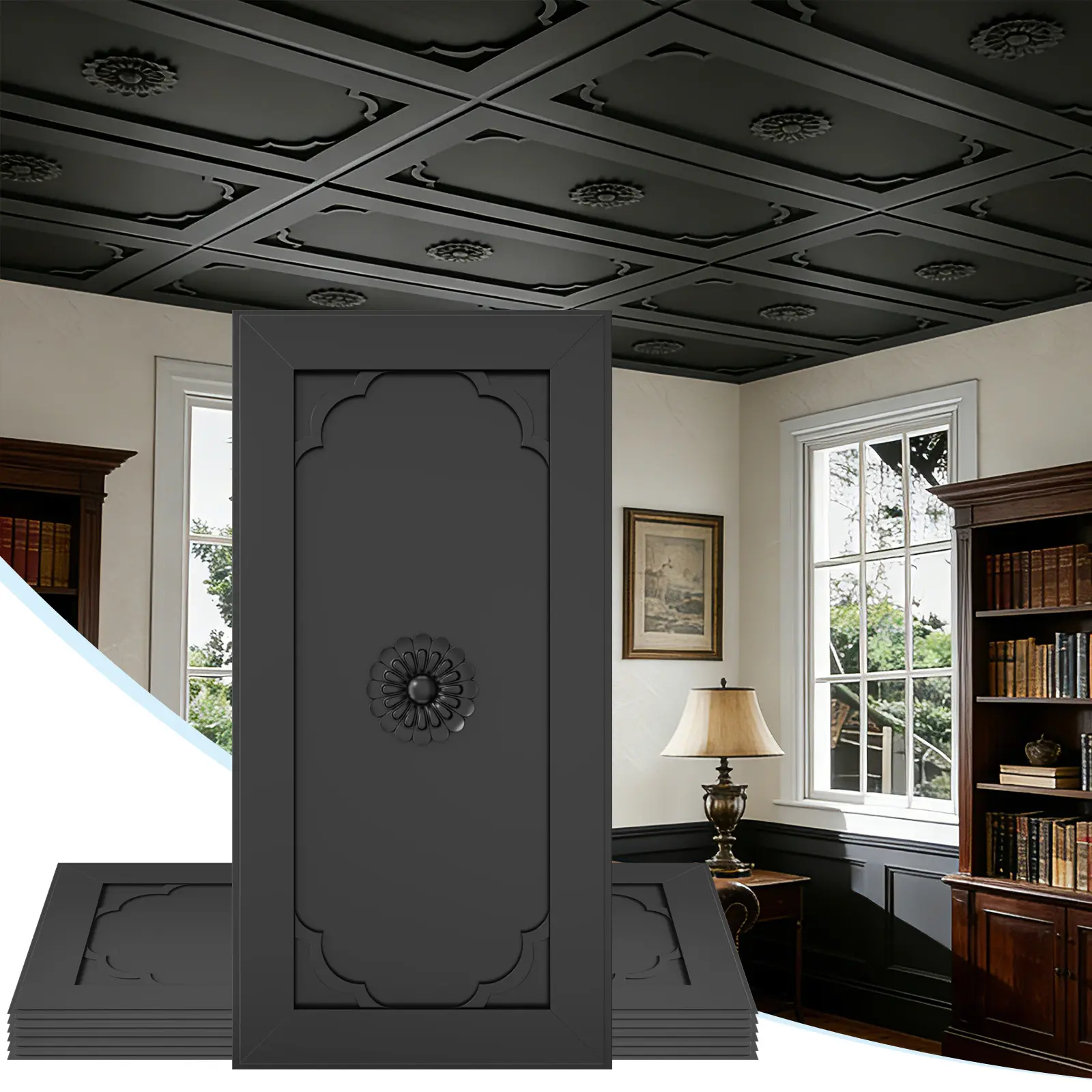 LOOYEE 24 PCS 2x4 FT Black Floral Diamond Grid Decorative PVC Ceiling Tiles, 24x48 inches Cuttable Waterproof 3D Modern Minimalist Panels for Living Room, Restaurants, Commercial Indoor Use (Covers 192 Sq.Ft)
