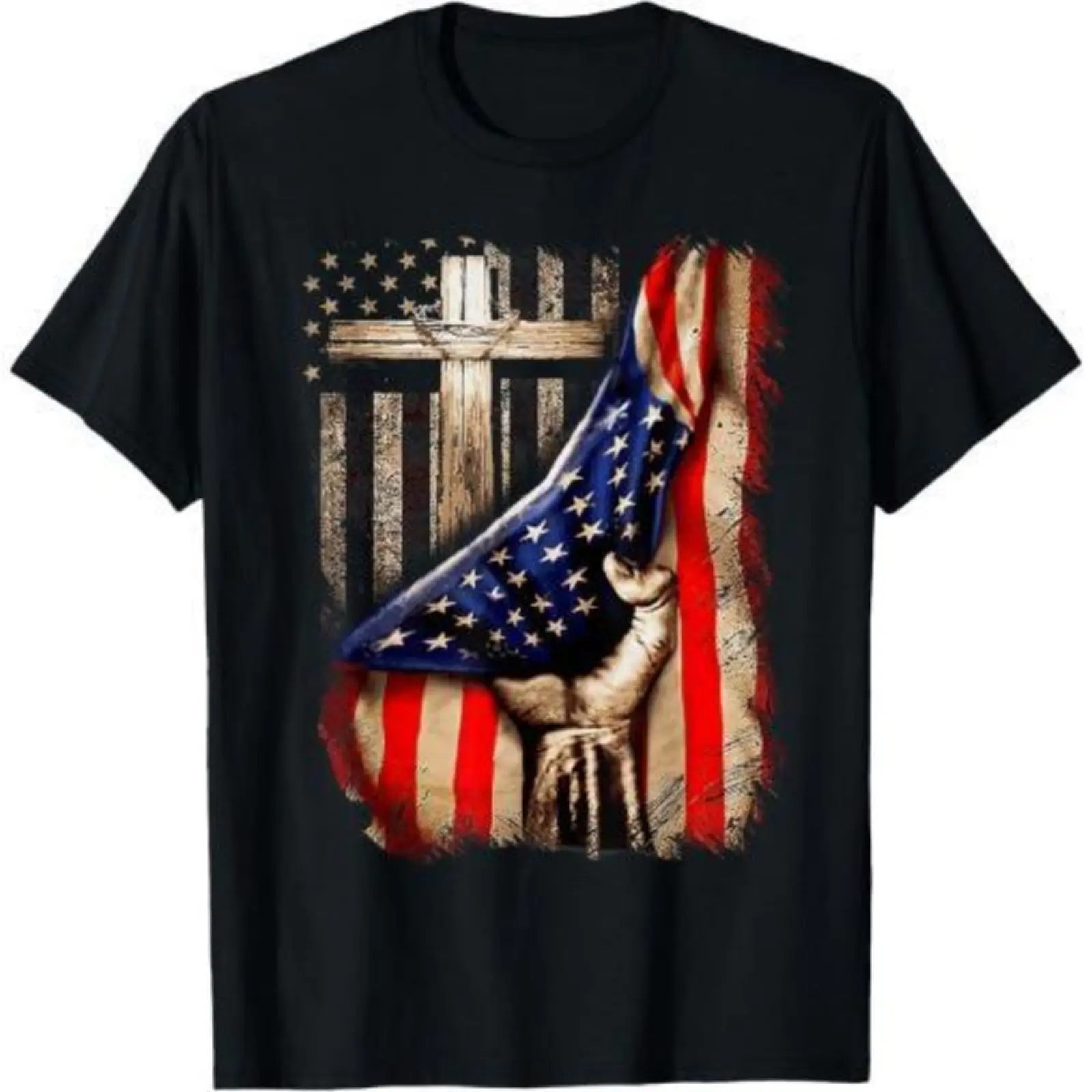 Men's Vintage Short-Sleeve Soft Basic Round Neck Christian Cross "Faith Over Fear" Print T-Shirt, American Flag Graphic, Made in USA
