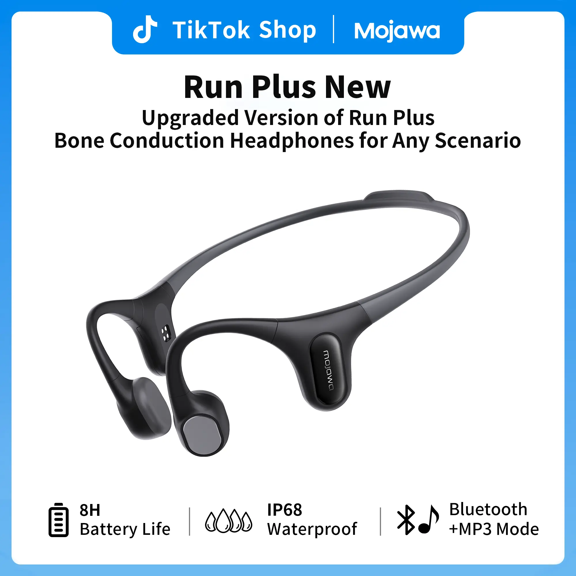 MOJAWA Run Plus New Wireless Bone Conductor Headphones - IP68 Waterproof Sweat Resistant Bluetooth Headphones, Voice Assistant, 32GB MP3 Storage, Fast Charge, Magnetic Charging, Ideal for Outdoor Workout, Compatible with Mobile/PC/Laptop, Black