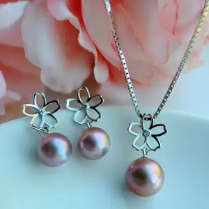 Piswency Freshwater Pearl Dangling Earrings Sterling Silve Real Peal Pendant Necklace, Natural Purple Pearls Earrings and Necklace Jewelry Set, Flower Drop Earrings