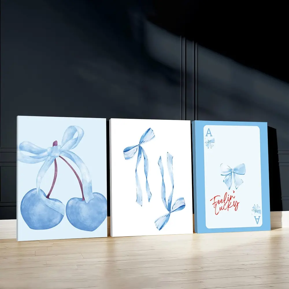 3pcs Blue Ribbons Wall Art, Art Work For Wall Decor, Festive Design Poster, Art Prints, Lucky Charm Home Decor, Modern Wall Paintings, Cozy Canvas Posters Wall Arts, Wooden Wall Art, Decor for Living Room, Bedroom, Housewarming Gift, With Frame