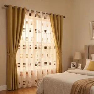 4 PANELS 52"x84" Combination Grommets Curtains.Including: 2 PANELS Two Tone Linen Full Blackout Curtain & 2 PANELS Modern Jacquard Square Semi Sheer   Curtains.  Window Drapes for  Bedroom and Living Room  Summer gift blacking Holiday Scene