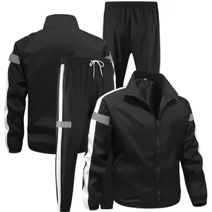 Men's 2-Piece Casual Comfy Sporty Tracksuit Outfit - Solid Color Striped Patchwork Stand-Collar Zipper Jacket, Elastic Drawstring Jogging Pants, Long-Sleeve Athletic Activewear for 3 Seasons