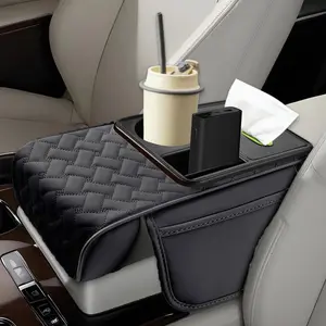 Car Center Console Armrest Cover, 2 Side Storage Bag Cup & Phone Holder, Auto Armrest , Universal Fit ,Memory Foam Leather 4 in 1 Vehicle Arm Rest Cover With Tissue Box, Console Storage Box Cushion Pad
