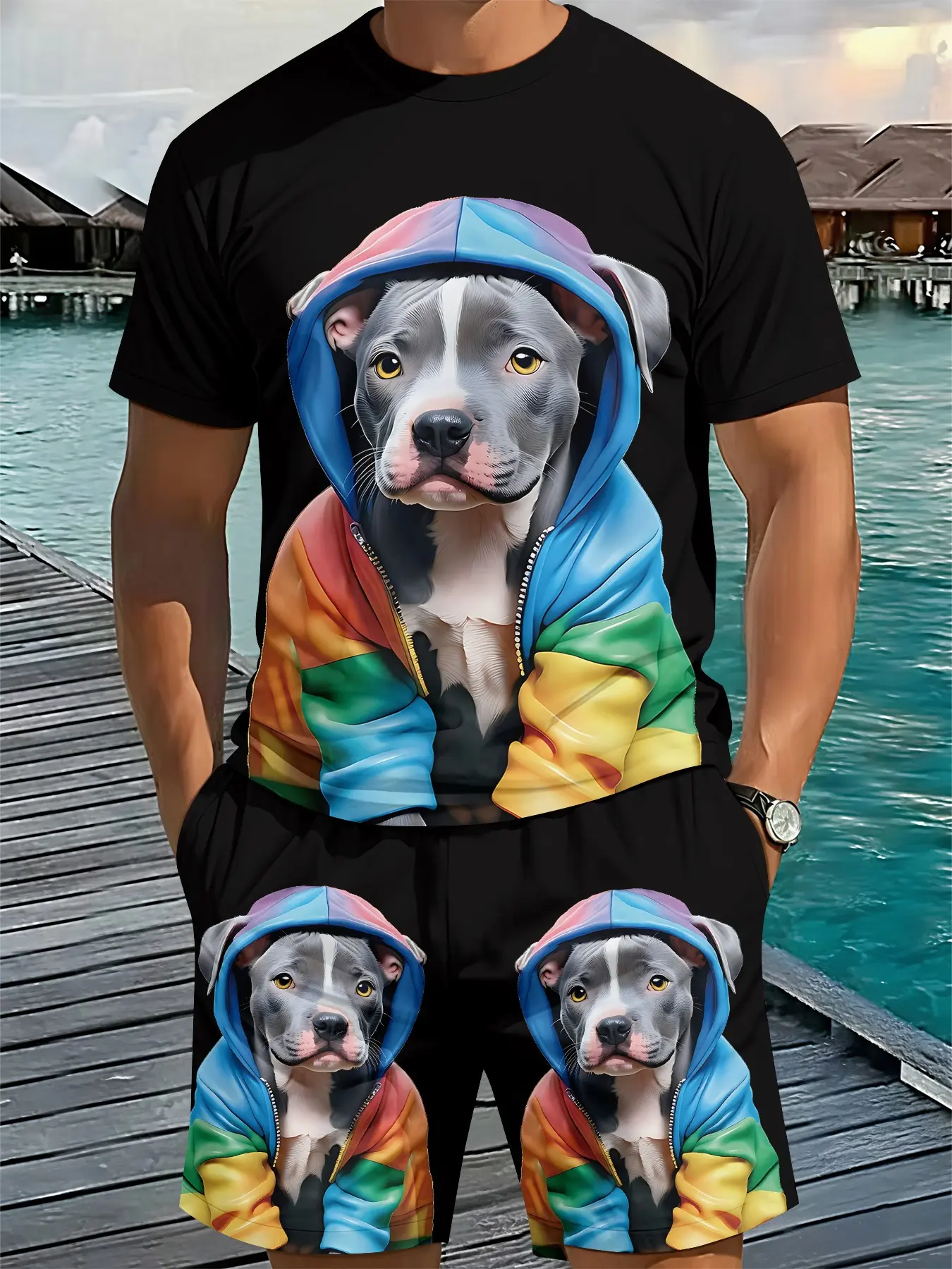 Rainbow Hoodie Cute Dog Men's Round Neck 3D Digital Printing Two-Piece Set, Summer Outfits Set, 2Pcs, Match Style Set, Vacation Style Trendy Outfit, Breathable Sports Casual Style, Holiday Gift for Men, Matching Style Set