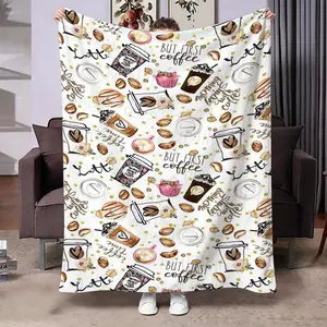 Coffee Theme Printed Soft Flannel Blanket, Comfortable Skin-Friendly Design, Ideal Gift for Coffee Lovers, Suitable for Office Bedroom Sofa
