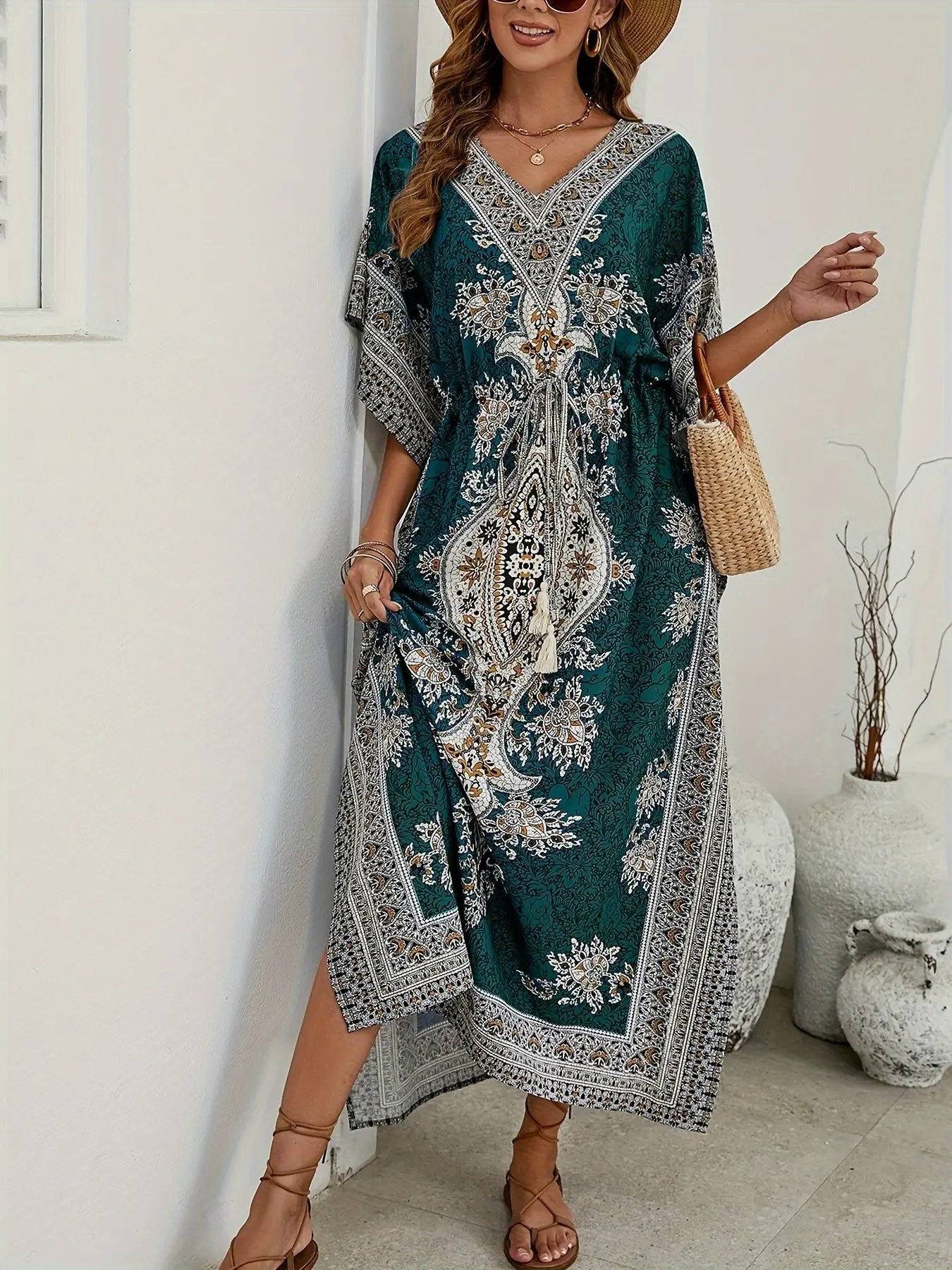 Women's Middle Eastern Muslim Robe, V-Neck Bohemian Ethnic Print Batwing Sleeve Waist Fringe Tie Dress, Loose-Fitting All Seasons, Muslim Dresses