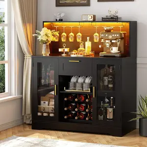 Homieasy Coffee Bar Cabinets with Drawer, Wine Bar Cabinet with LED Light, Liquor Cabinet with Wine Rack and Glass Holder, Buffet Sideboard Table with Storage Shelves for Home Kitchen Living room