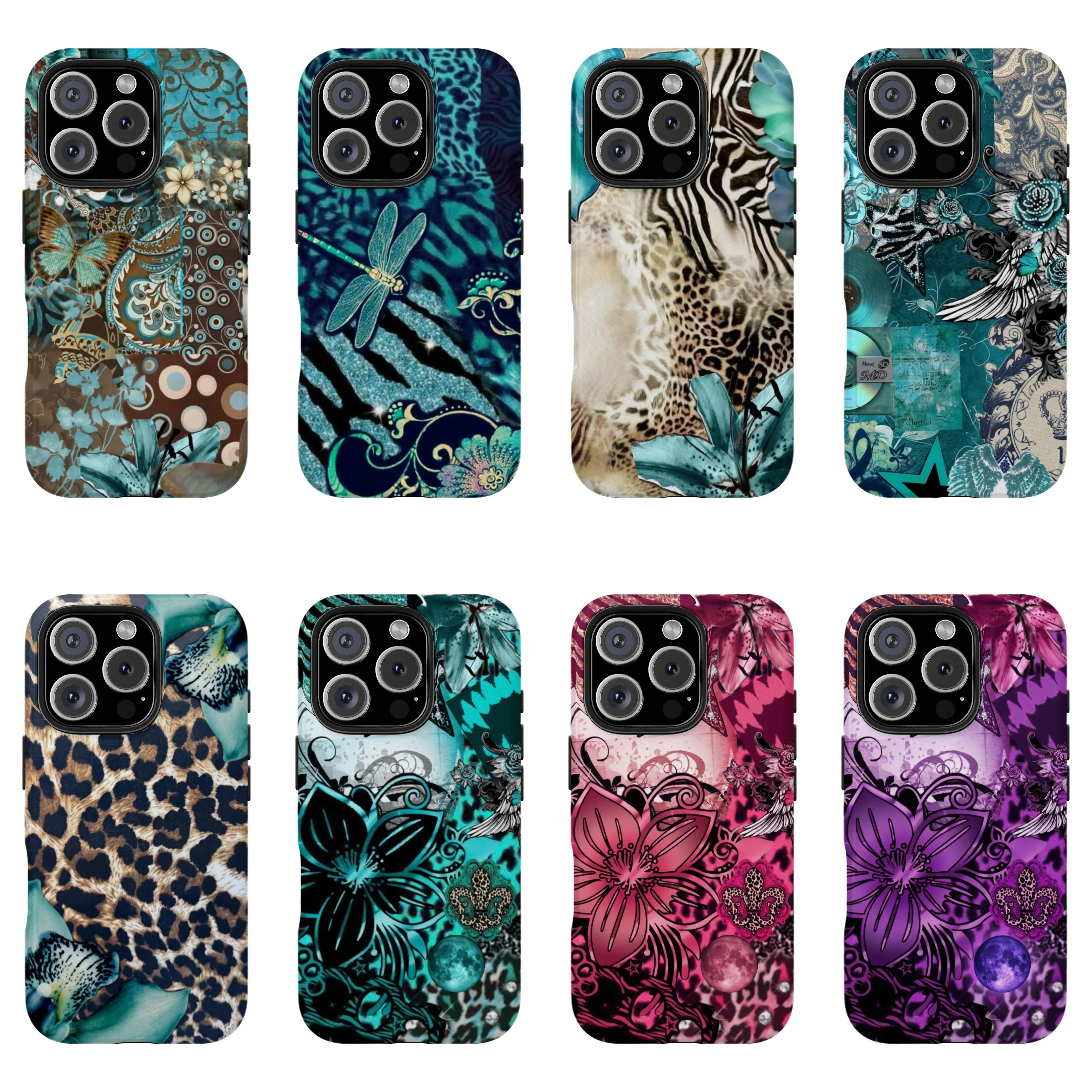 Vintage Teal Leopard Print Aesthetic Rubber Smartphone Case - Boho Patchwork Tough Shell with Zebra & Butterfly Collage Art, Handheld Cellphone Cover for iPhone 11-17 ProMax/Plus & Samsung Galaxy S23-25