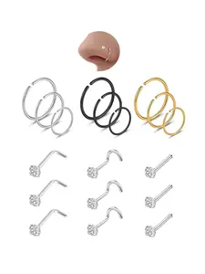18pcs Nose Studs.,  20G Hypoallergenic Surgical Steel Nose Rings Studs, AAA+ CZ Nose Stud Corkscrew, Perfect Gift, Nose Piercing Jewelry