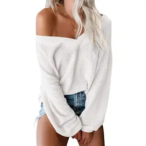 Women's Basic Long-Sleeve Off-The-Shoulder Waffle Knitting Blend Shirt - Loose Fit, Drop Shoulder, All-Seasons Casual Knit Top