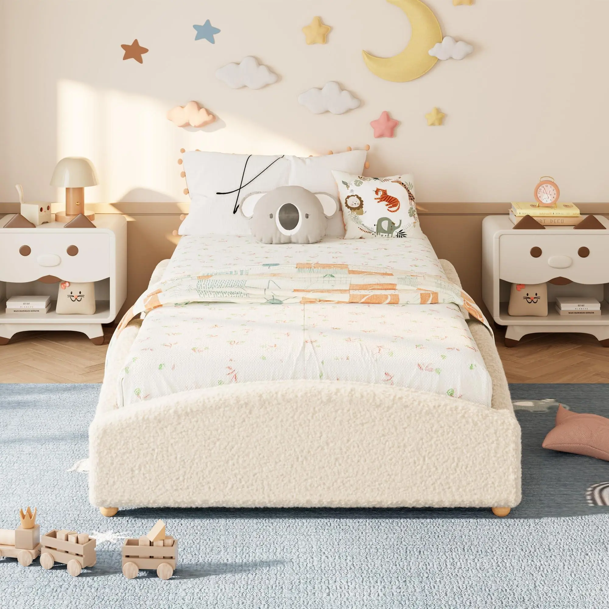 Twin-XL Size Floor Bed Daybed for Kids, Upholstered Cloud Design Bed Frame with Raised Sides to Secure Mattress, Soft Fabric Low Profile Platform Bed for Toddler Boy & Girl, Beige