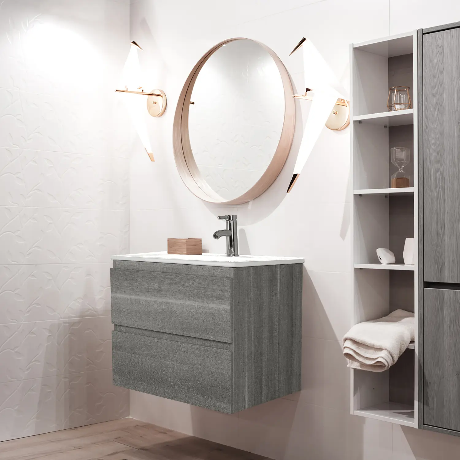 【Multiple packages】SweetGo 24" Wall Mounted Bathroom Vanity with Sink Grey Floating Vanity Two Drawers Bathroom Cabinet with White Ceramic Integrated Sink - Fire Safety Label