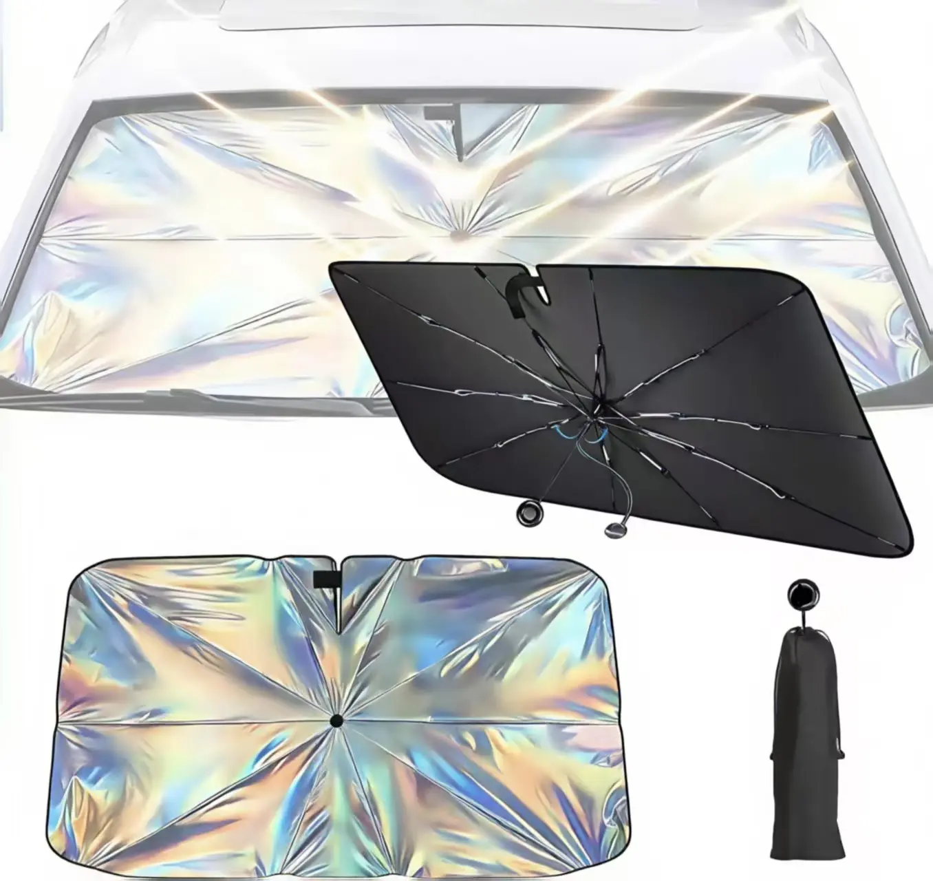 Exterior Car Windshield Sunshade Umbrella, 59 x 32.3 Inches Fabric UV Blocker with Cutout Edge, Foldable Truck Accessory with UV-Block Coating, 360° Rotatable Handle, Universal Fit Front Window Heat Insulator for Trucks, SUVs
