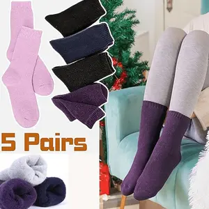 5 Pairs Women’s Fleece Blend Socks - Cozy Thermal Winter Invisible Socks, Soft Plush Lined, Ribbed Cuffs, Elegant Style for Home & Comfort, Cute Socks