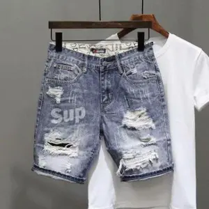 Men's Ripped Shorts - Personality print versatile cropped pants in cotton, casual style ee blue Korean Loose Streetwear DesignGift