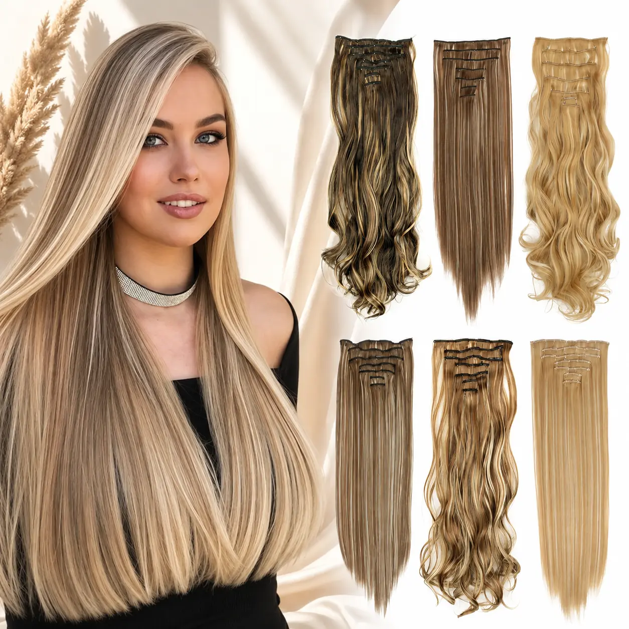 Long Straight Hairstyle 16 Clips 7Pcs/Set Hair Extensions Natural Synthetic Blonde Black Hairpieces Heat Resistant For Women