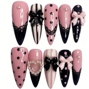 Handmade Press on Nails Set, Long Stiletto Shape French Tip, Polka Dot & Stripe Patterns, Hand-Painted 3D Bows, Pearl Accents, French Tips Nails, Glittering Fake Nails, Nail Art Design