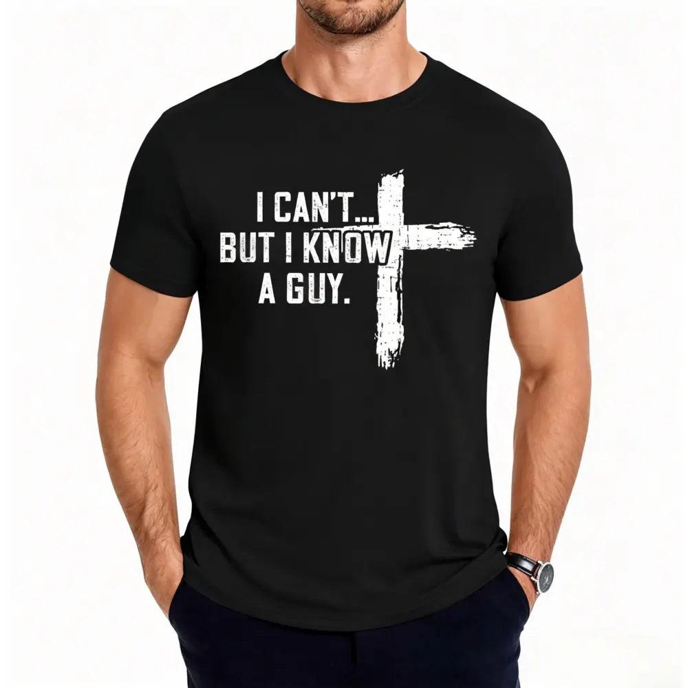 Men’s Christian Cute New Year Pure Cotton Crew Neck Graphic Tee - I Can't But I Know A Guy Cross Print, Regular Fit Short-Sleeve, Breathable Soft Streetwear, Casual Religious Husband Gift
