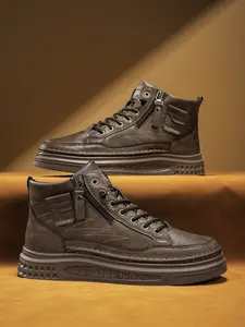 Men's Solid Color High Top Sneakers with Zipper Decor, Comfortable Lining, Thick Sole Casual Skate Shoes for Outdoor Sports & Daily Wear, High End Sneaker