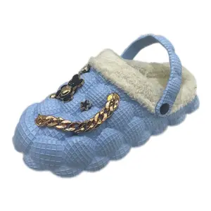 Women's Winter Fuzzy Fur Home Slippers - Fuchsia EVA Plastic Top Slide, Charm Accent, Round Toe, Striped Design, Flat Sole, Girl's Comfortable Footwear for Casual Home Use