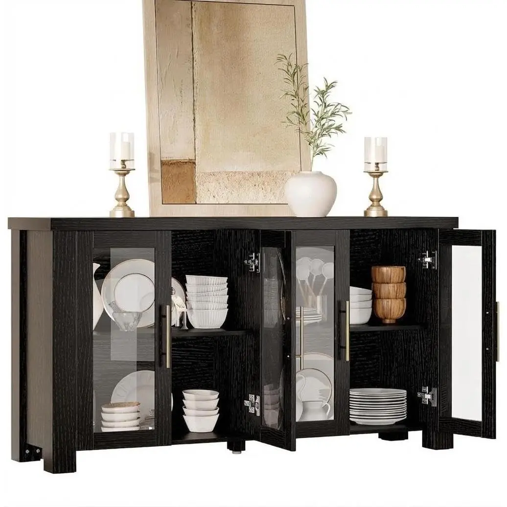Black Sideboard Buffet Cabinet with Tempered Glass Doors, Multi-Size, Modern Multipurpose Storage for Living Room & Kitchen, Natural Wood Finish