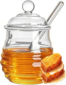 Glass Honey Jar with Dipper and Lid, 10 OZ Heat Resistant HoneyPot, Honey Storage Container for Storing Syrup, Home and Kitchen Organization, Gifts for Her Christmas, Coffee Bar Decor Utensils Wide Mouth