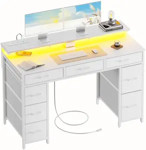 Ecofurnix,47 inch Computer Desk with 8 Storage Drawers, Gaming Desk with LED Lights & USB Power Outlets, Home Office Table with Monitor Stand, Study Writing Work Table for Bedroom Thicker Desktop Oval  Table Wood Workstation summerwins summerwins