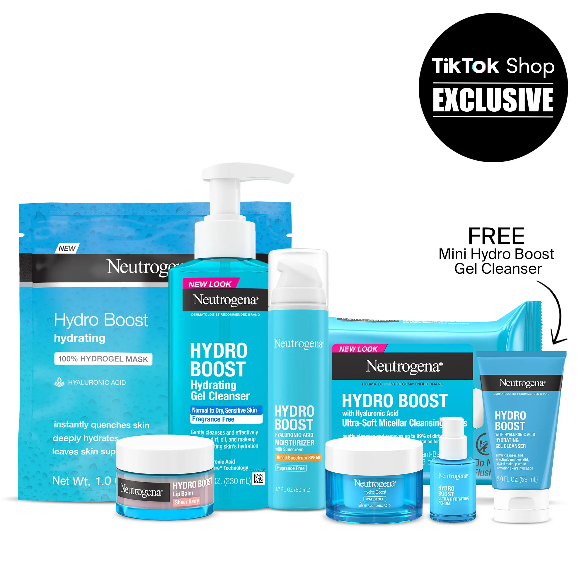 Neutrogena Hydro Boost Glass Skin Edit with FREE Mini Cleanser | Full Hyaluronic Acid Skincare Hydration Kit, 7 Items and Free Gel Cleanser Gift