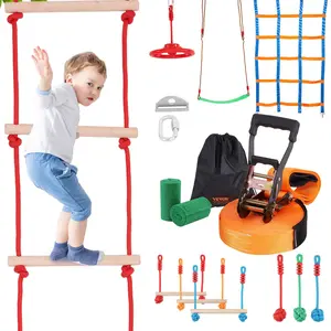 VEVOR Ninja Warrior Obstacle Course for Kids,  , 2 x 50 ft Weatherproof Slacklines, 500lbs Weight Capacity Monkey Line, Outdoor Playset Equipment, Backyard Toys Training Equipment Set with 10 Obstacles