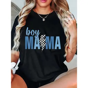 100% Cotton Retro Boy Mama Mother's Day 2026 Checkered Women Fashion T-Shirt