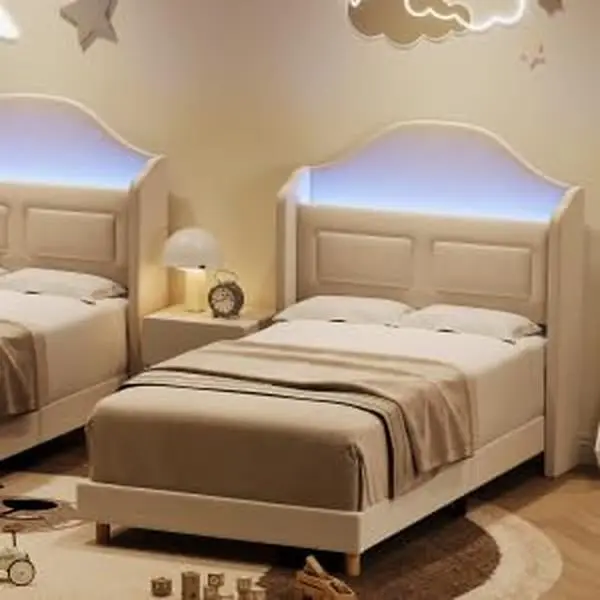Garvee Standard Twin Upholstered Toddler Bed - Iron&Plywood Frame, Plywood-Sponge Padding, Built-In Storage, LED Lighting, Beige Indoor Furniture for Daycare, Easy Setup