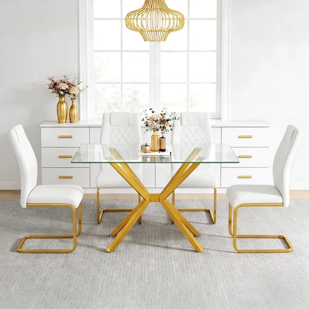 47x28 in Indoor Contemporary Rectangular Glass & Sturdy Metal Dining Table - Fashion Design, Compact Size, Gold Legs, Adjustable Feet, 220lb Capacity, Easy Assembly, Scratch-Proof, WFH Use, Elevated Dining Room Furniture