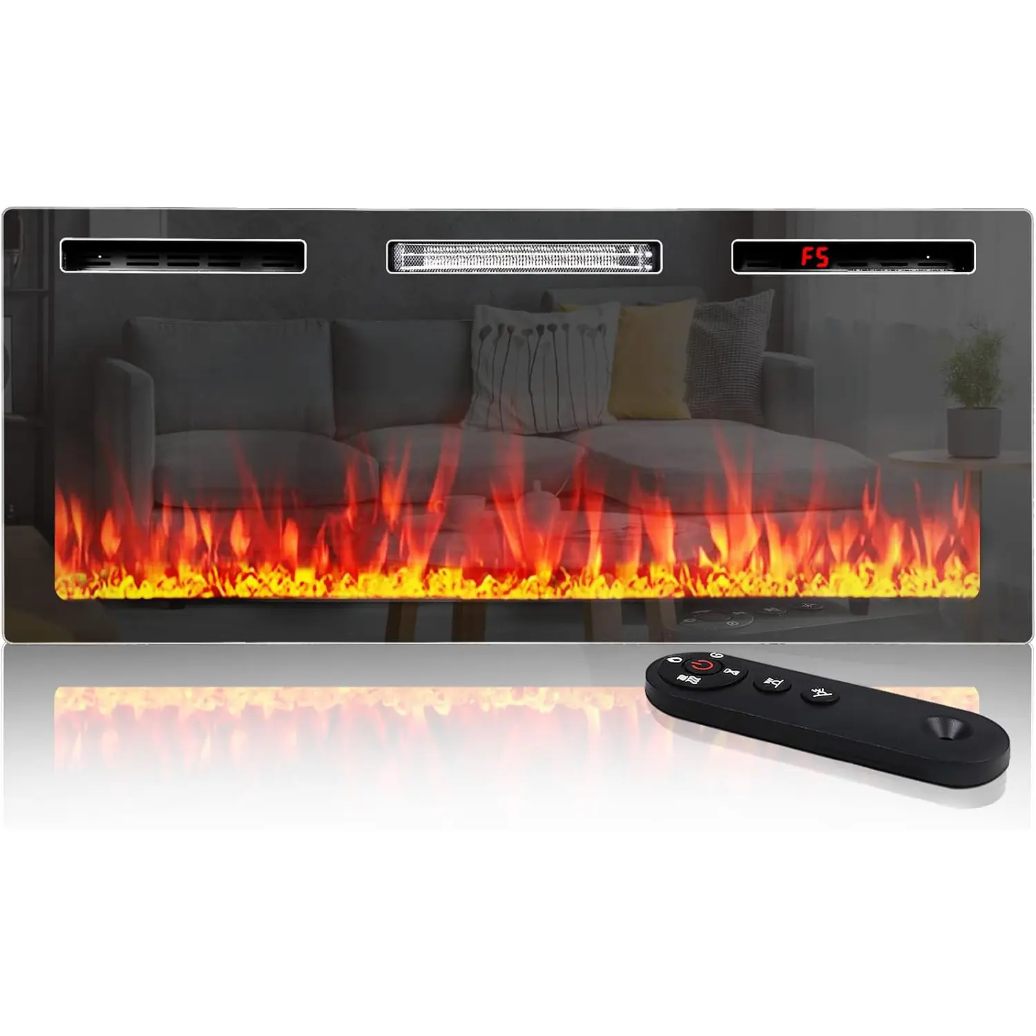 PUKAMI 72-in Ultra-Thin Silent Linear Electric Fireplace - Recessed Wall-Mounted Space-Saving Home LED Heater with 750w/1500w Power, 12 Adjustable Variable Flames & Speed, Timer, Touch Screen Remote, Light-Up Glass, Scheduled Shutdown, 400 sq ft Coverage,