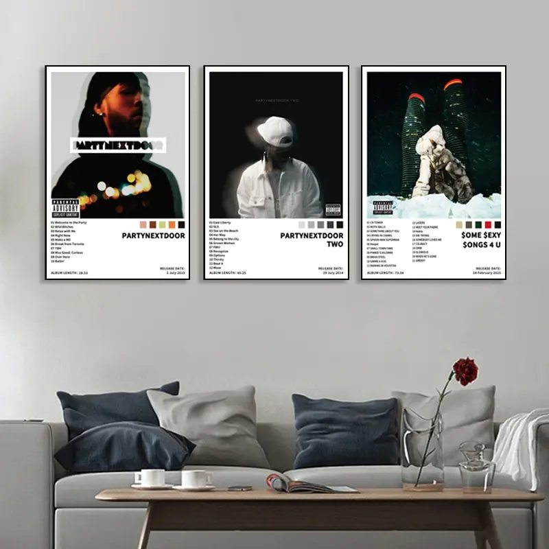 3-piece PARTYNEXTDOOR TWO/$ome $exy $ongs 4 U music album canvas poster set, Print Design, hip-hop style, R&B pop music style, a gift for music fans, Modern Home Decoration, living room, bedroom, office, cafe, frameless