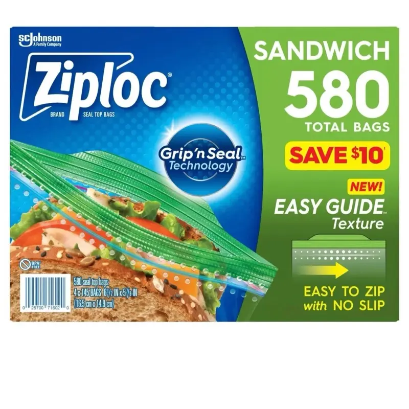 Ziploc Easy Open Tab Sandwich Bags 580 ct Seal-top Plastic Bags with Grip'n Seal Technology and Easy Guide Texture