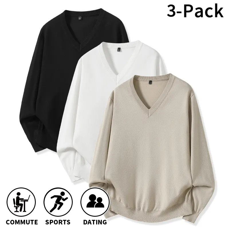 Men Solid Color V Neck Knitted Long Sleeve Shirt, Comfort Slim Fit Knit Pullover for Adult Gentlemen, Multi-scene Wear for Business Commute, Outdoor Sports and Casual Date, Minimalist Plain Knit Top for Fall Winter Daily Outfit