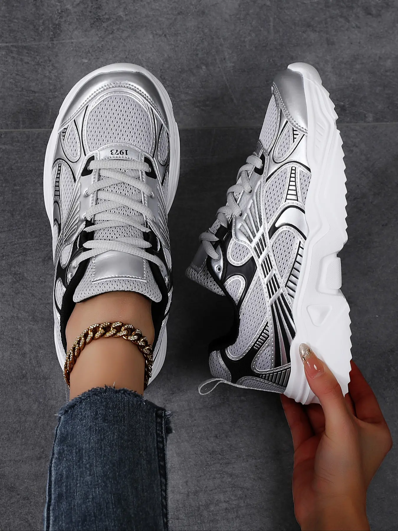 Silver Color Women's Sporty Athletic Footwear Thick Soled Sneakers, Comfortable Thick Sole, Medium Width, All Seasons, Textile Upper, Eva Sole, Outdoor Travel Training Shoes