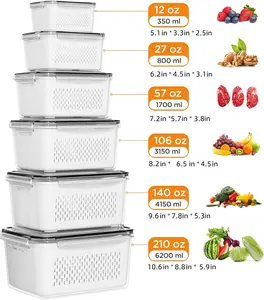 4PCS 6PCS Kitchen Washing Basket with Removable Strainer Airtight Lid Leakproof Dustproof BPA Free Food Storage Container for Fruit Vegetable Refrigerator