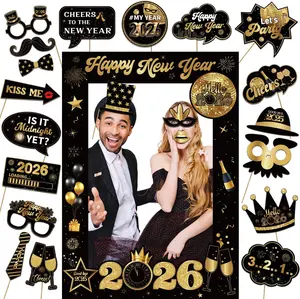 New Years Eve Party Supplies 2026 Photo Booth Props Set Include 1 Photo Booth Frame and 21 Photo Props Black and Gold Happy New Years Eve Party Supplies 2026 for Photography